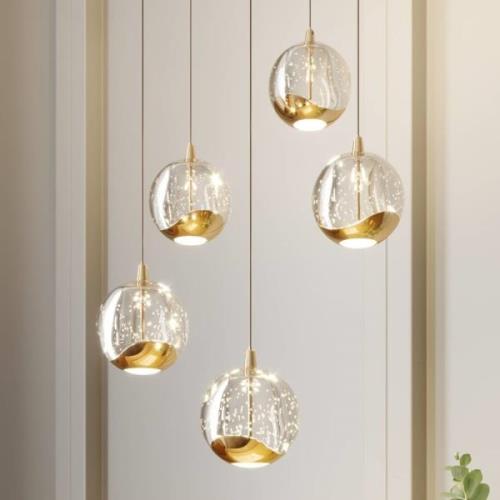 Lucande LED-Pendellampe Hayley, Ø 30 cm, 5-flg., gold, Glas